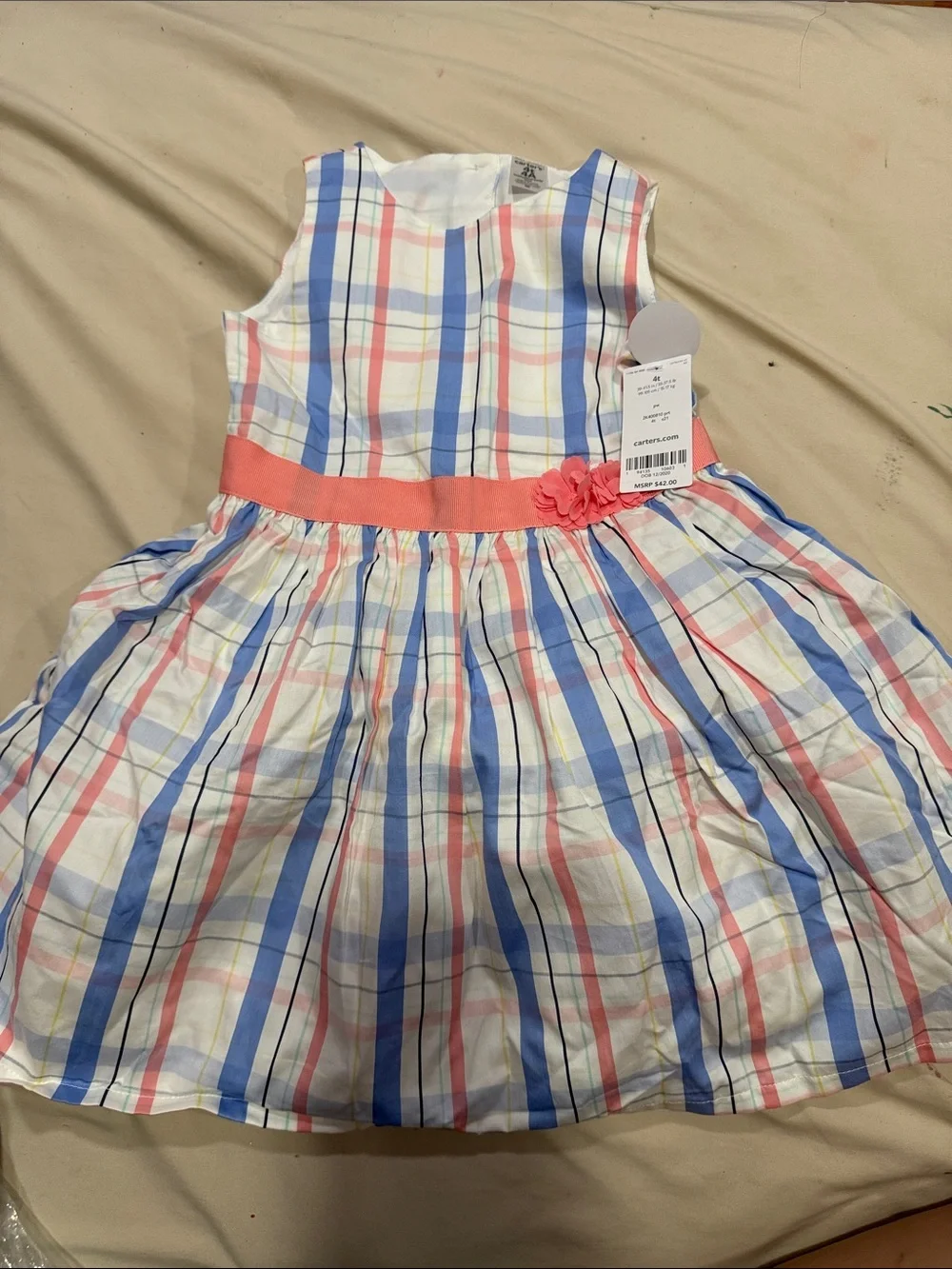 Carter's White Plaid Dress with Blue and Coral Stripes